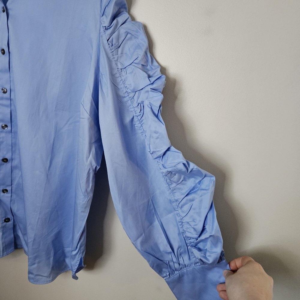Harshman Blouse Juliana Light Blue Ruffled Sleeve Button-Up Shirt Cotton Classic - Picture 4 of 13